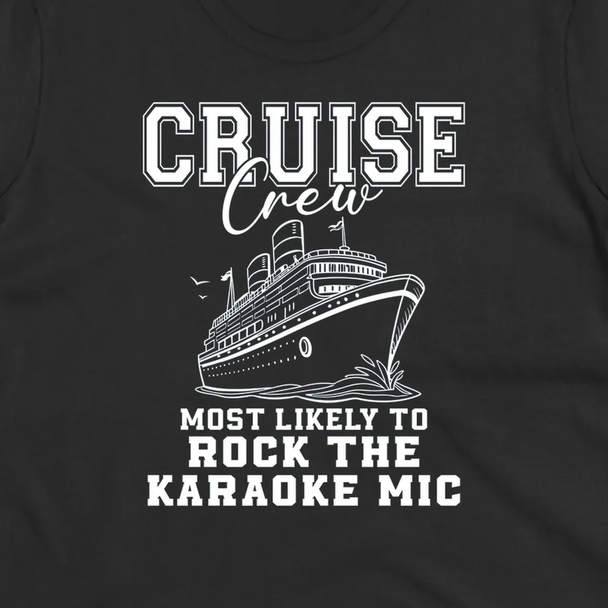 Cruise crew rocking the karaoke mic illustration with a cruise ship.