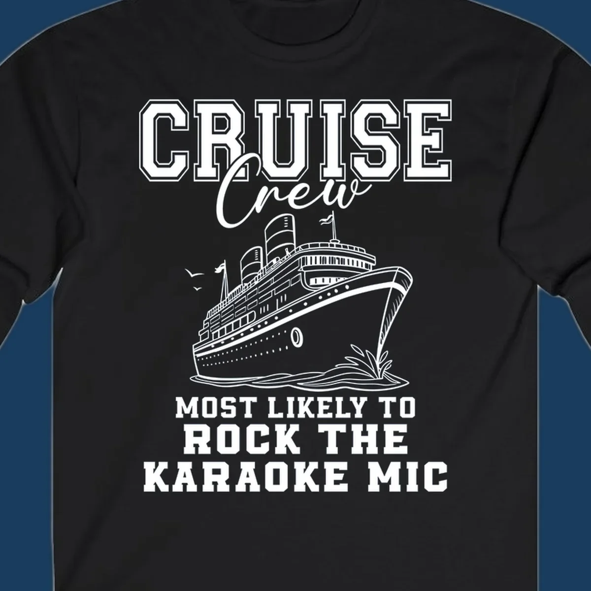 Cruise crew rocking the karaoke mic illustration with a cruise ship.