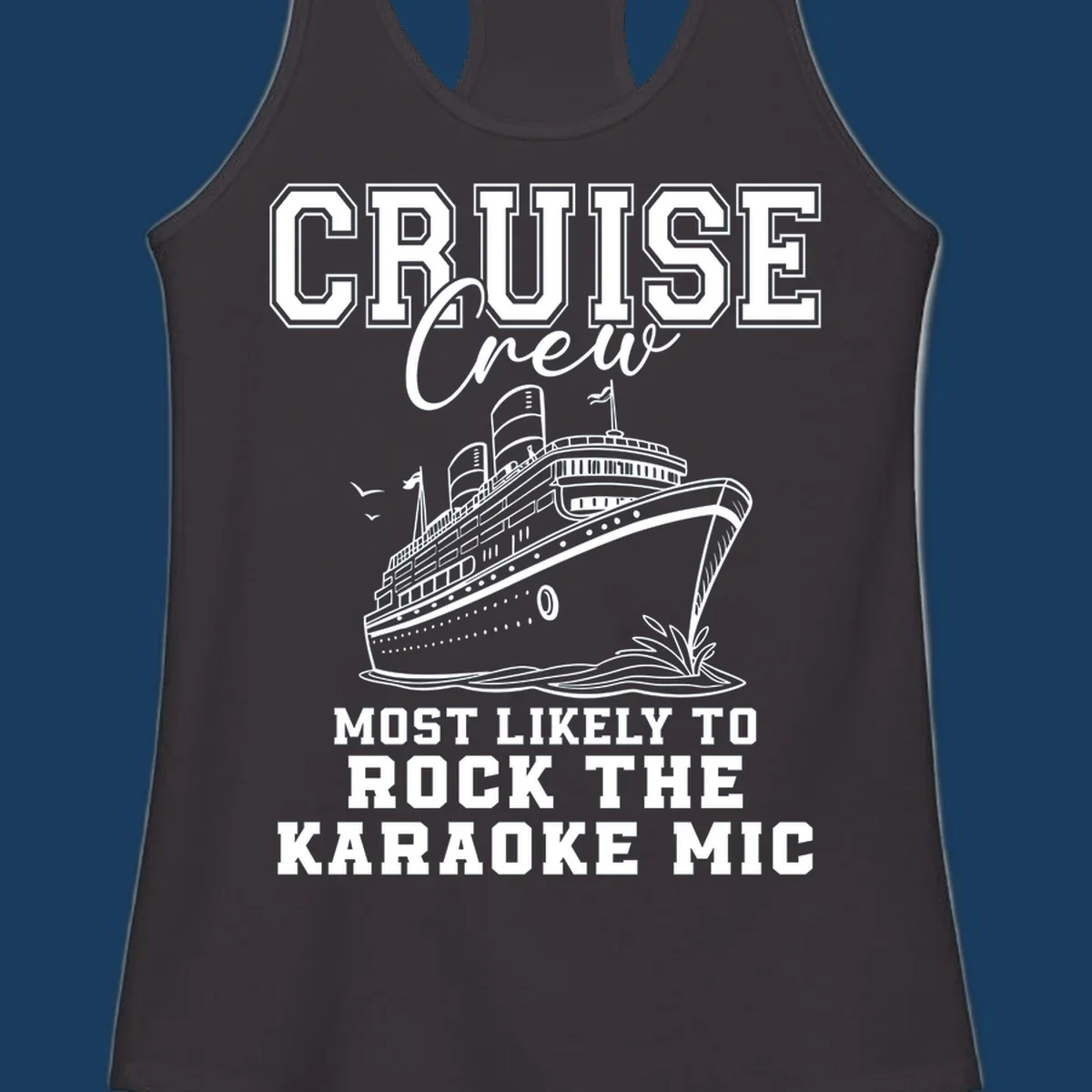 Cruise crew rocking the karaoke mic illustration with a cruise ship.
