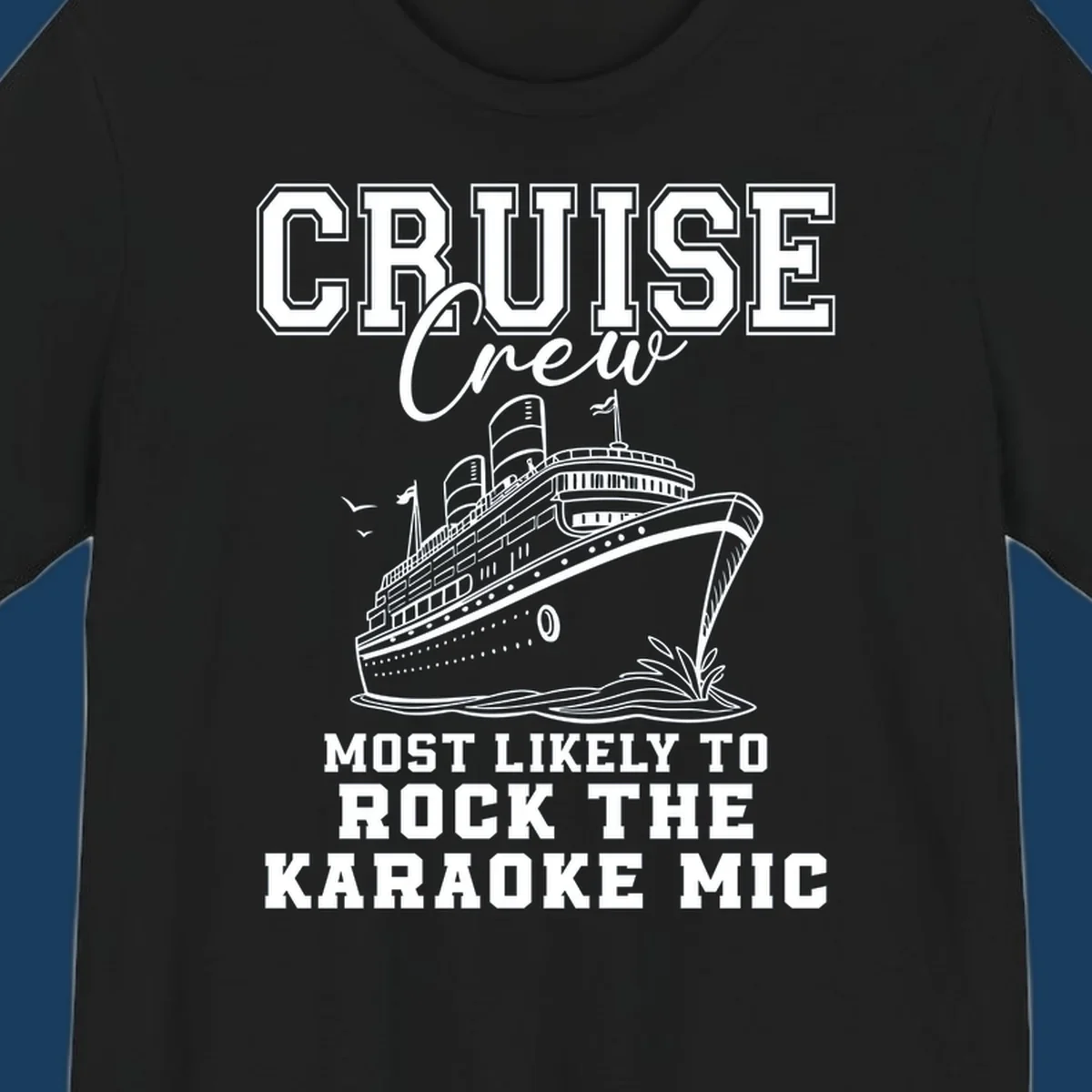Cruise crew rocking the karaoke mic illustration with a cruise ship.