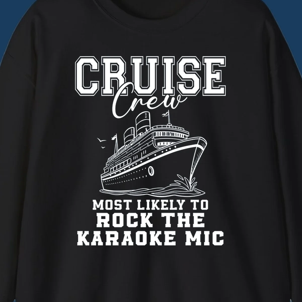 Cruise crew rocking the karaoke mic illustration with a cruise ship.