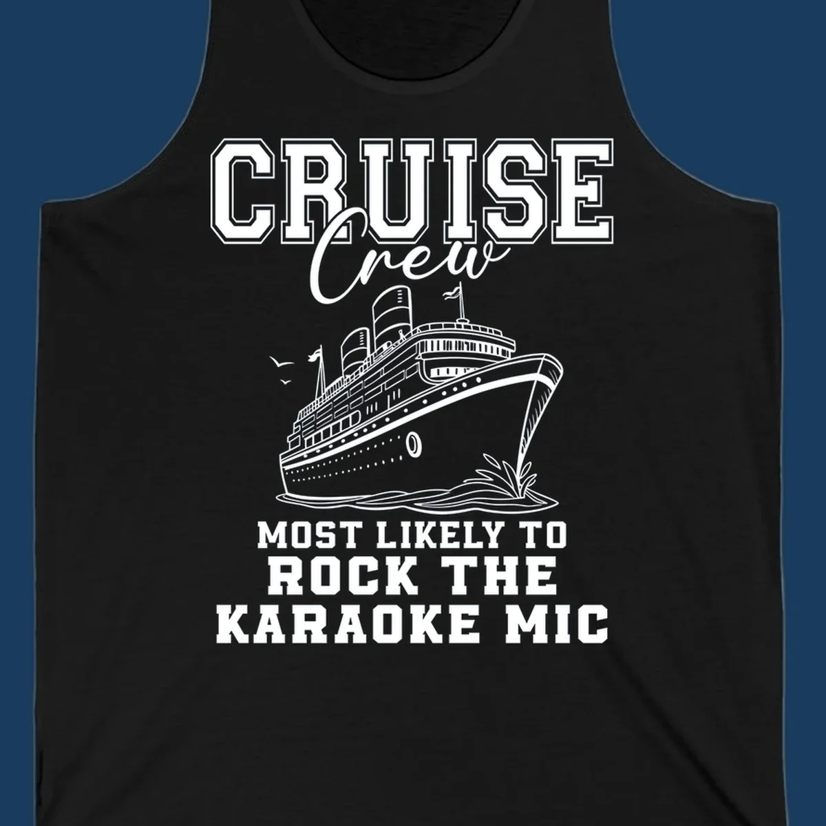 Cruise crew rocking the karaoke mic illustration with a cruise ship.