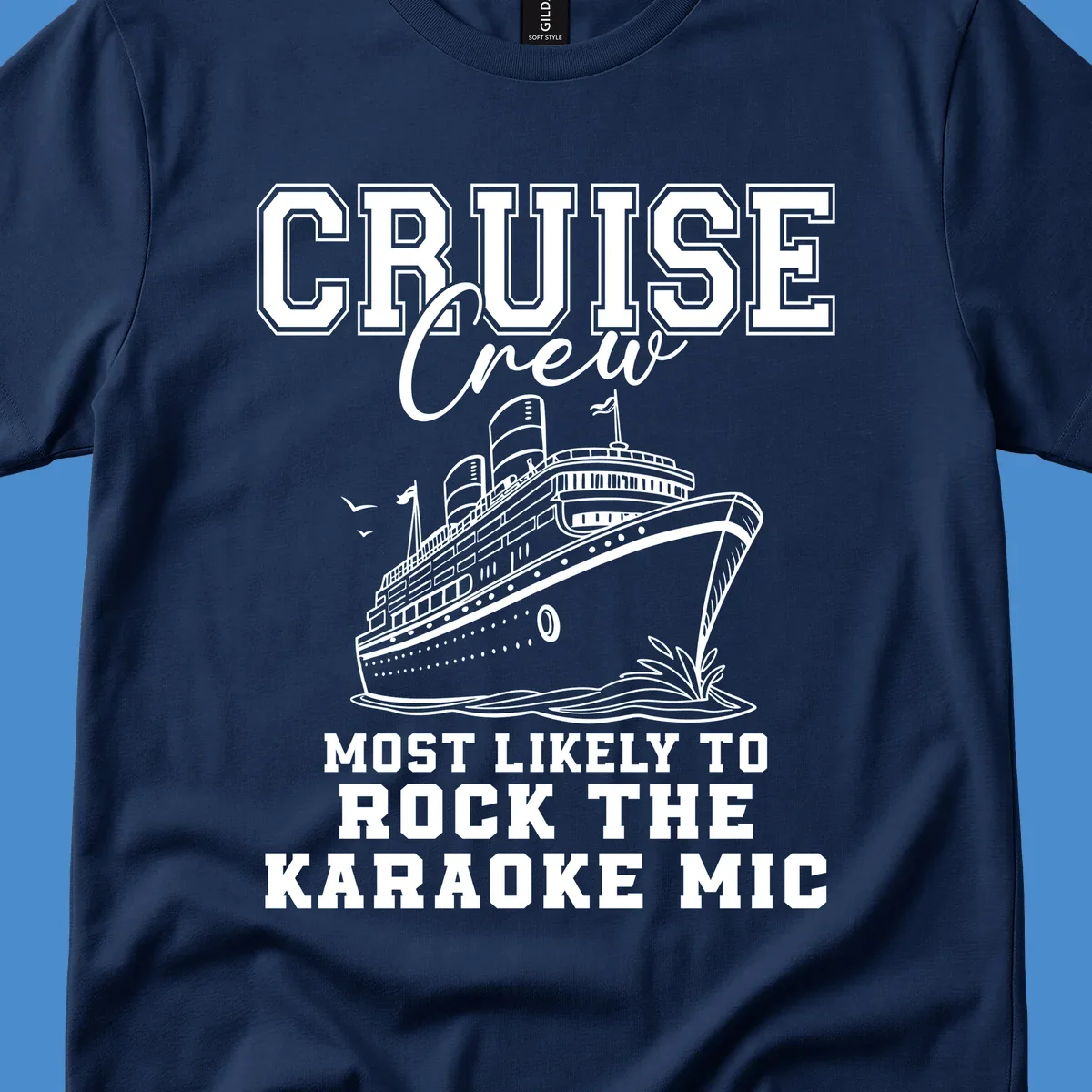 Cruise crew rocking the karaoke mic illustration with a cruise ship.