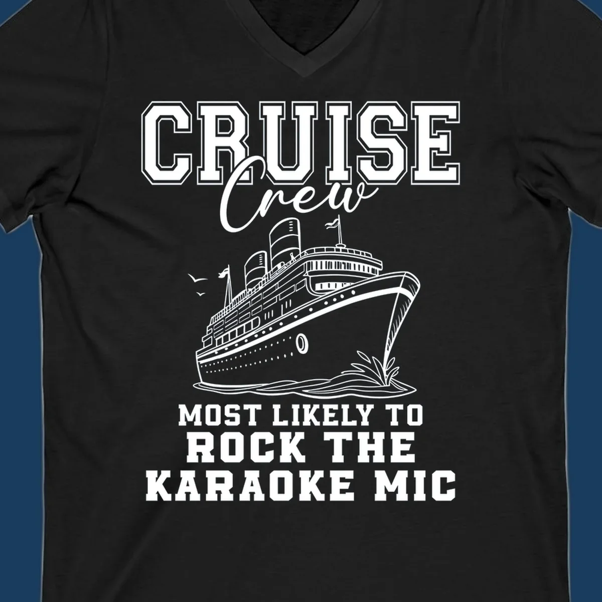 Cruise crew rocking the karaoke mic illustration with a cruise ship.