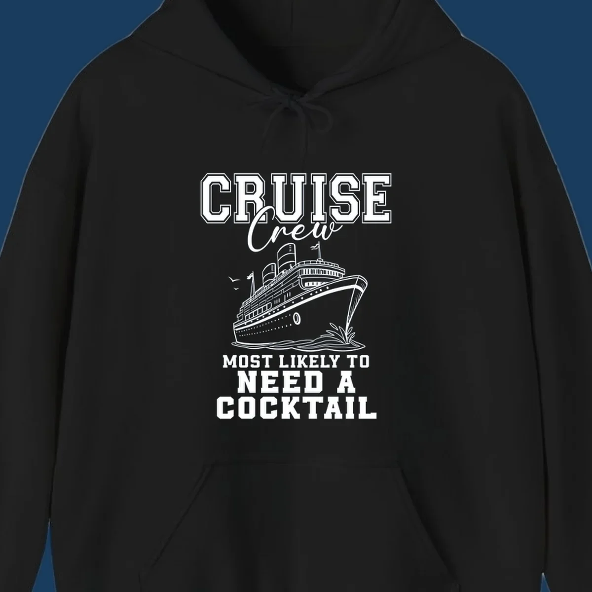 Cruise crew most likely to need a cocktail design with text and cruise ship illustration.