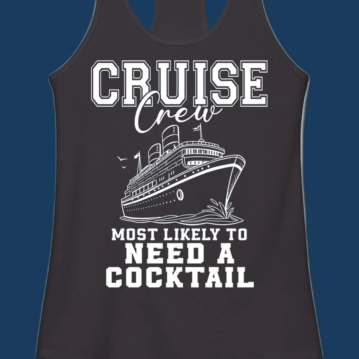 Cruise crew most likely to need a cocktail design with text and cruise ship illustration.