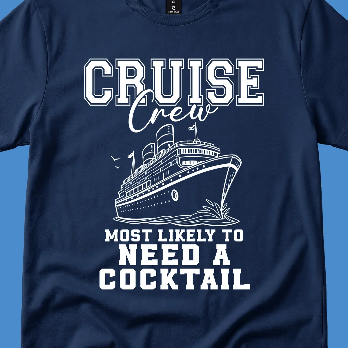 Cruise crew most likely to need a cocktail design with text and cruise ship illustration.