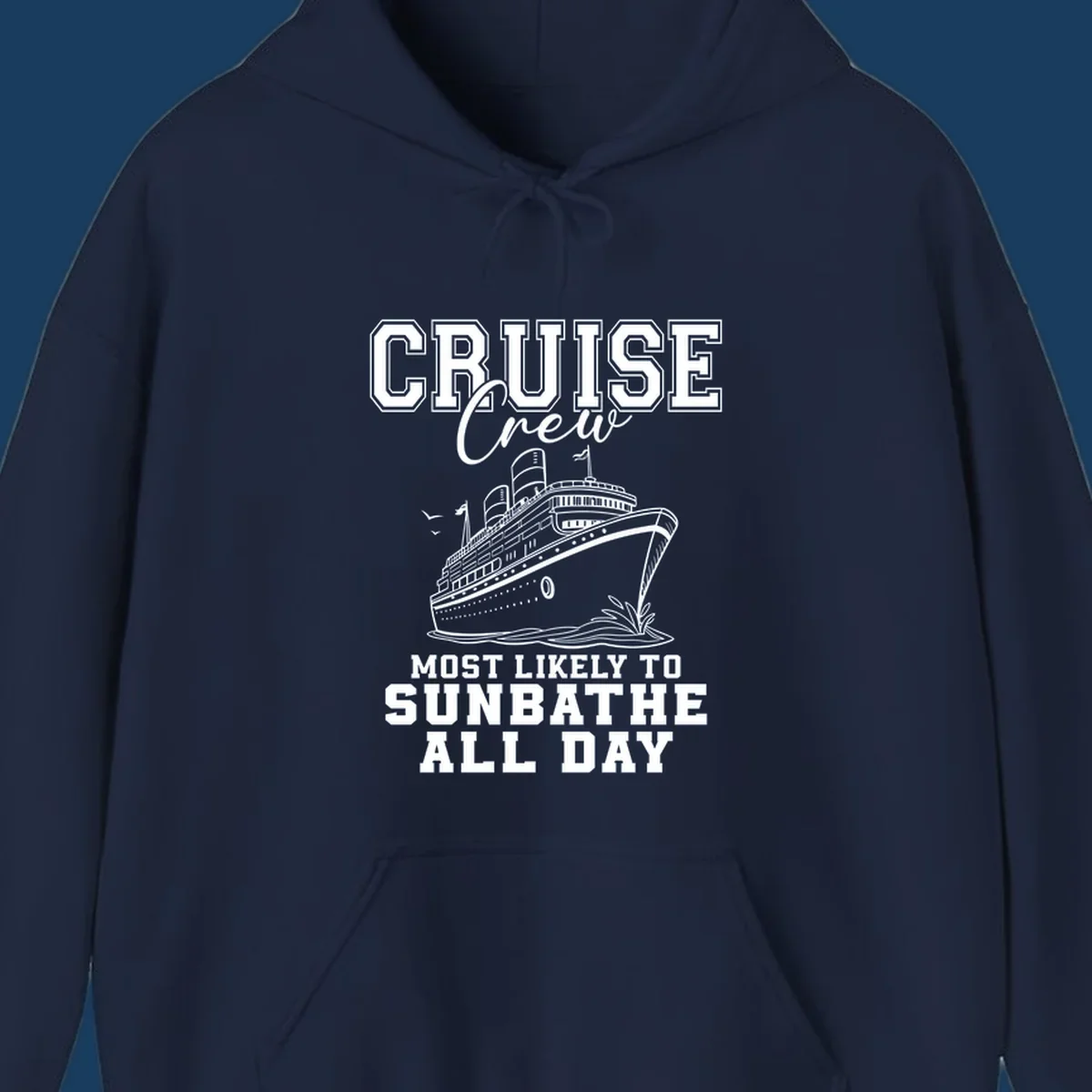 Cruise crew most likely to sunbathe all day text and illustration of a cruise ship.