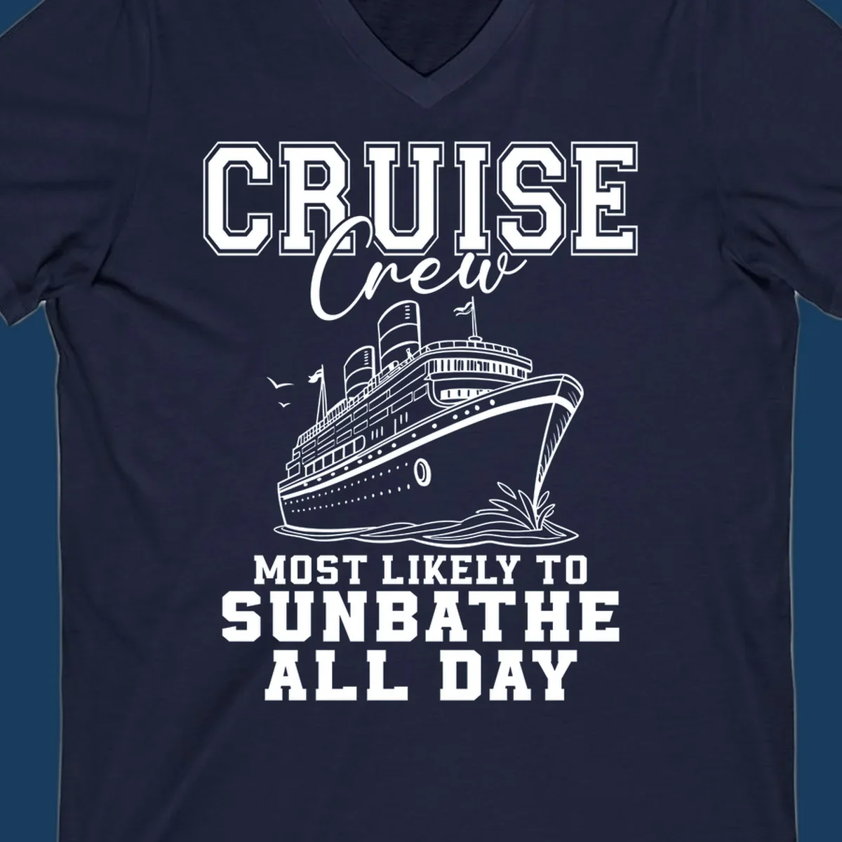 Cruise crew most likely to sunbathe all day text and illustration of a cruise ship.