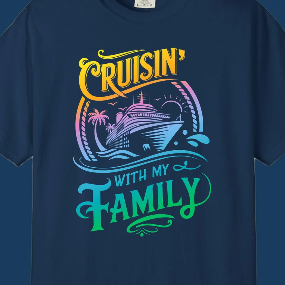Cruisin With My Family text and cruise ship illustration with palm trees and sunset. Family cruise fun.