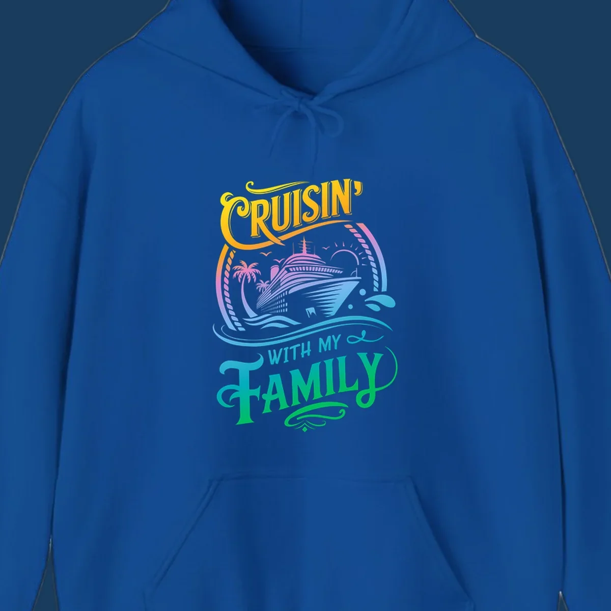 Cruisin With My Family text and cruise ship illustration with palm trees and sunset. Family cruise fun.