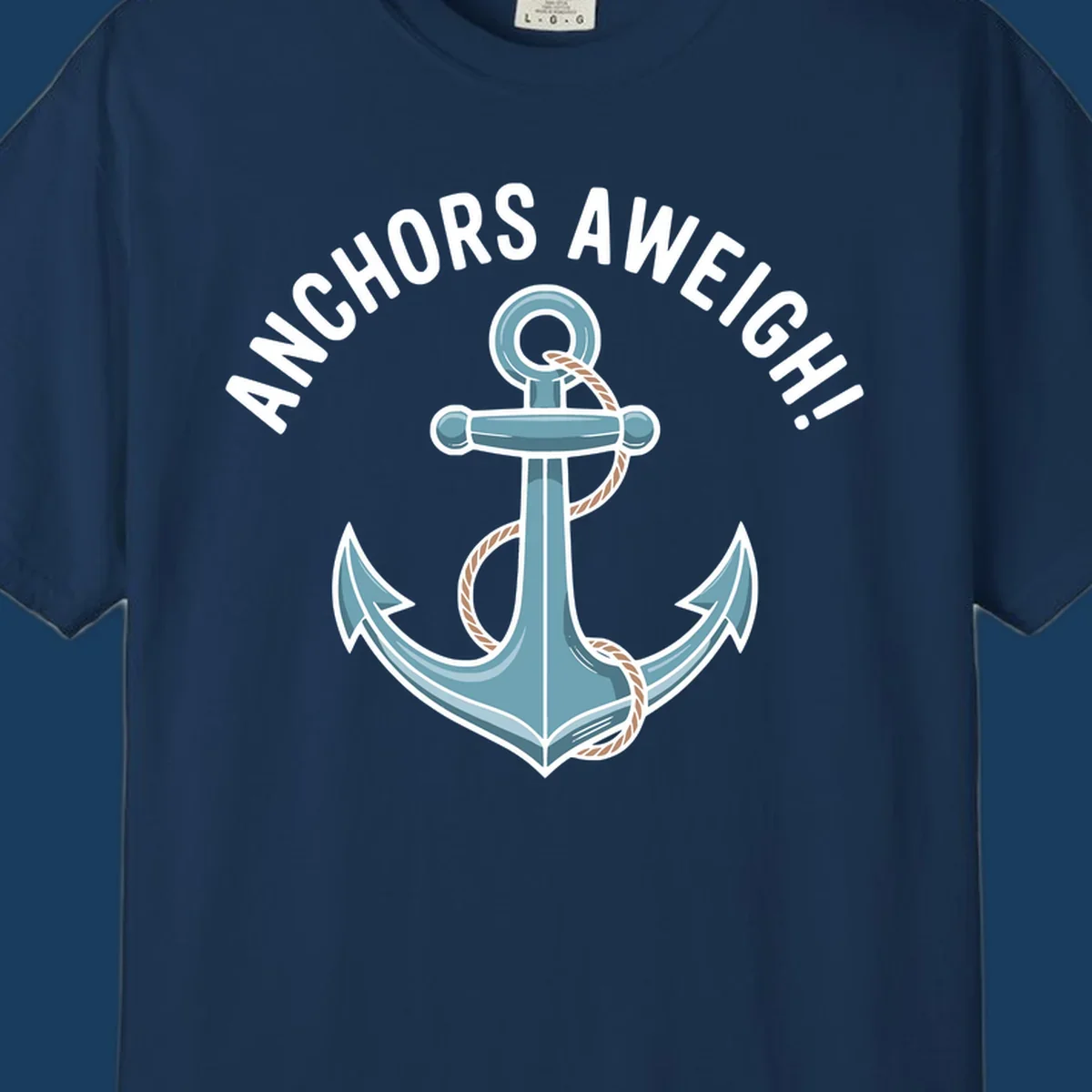 Anchors aweigh cruise design with anchor and rope graphic and text.