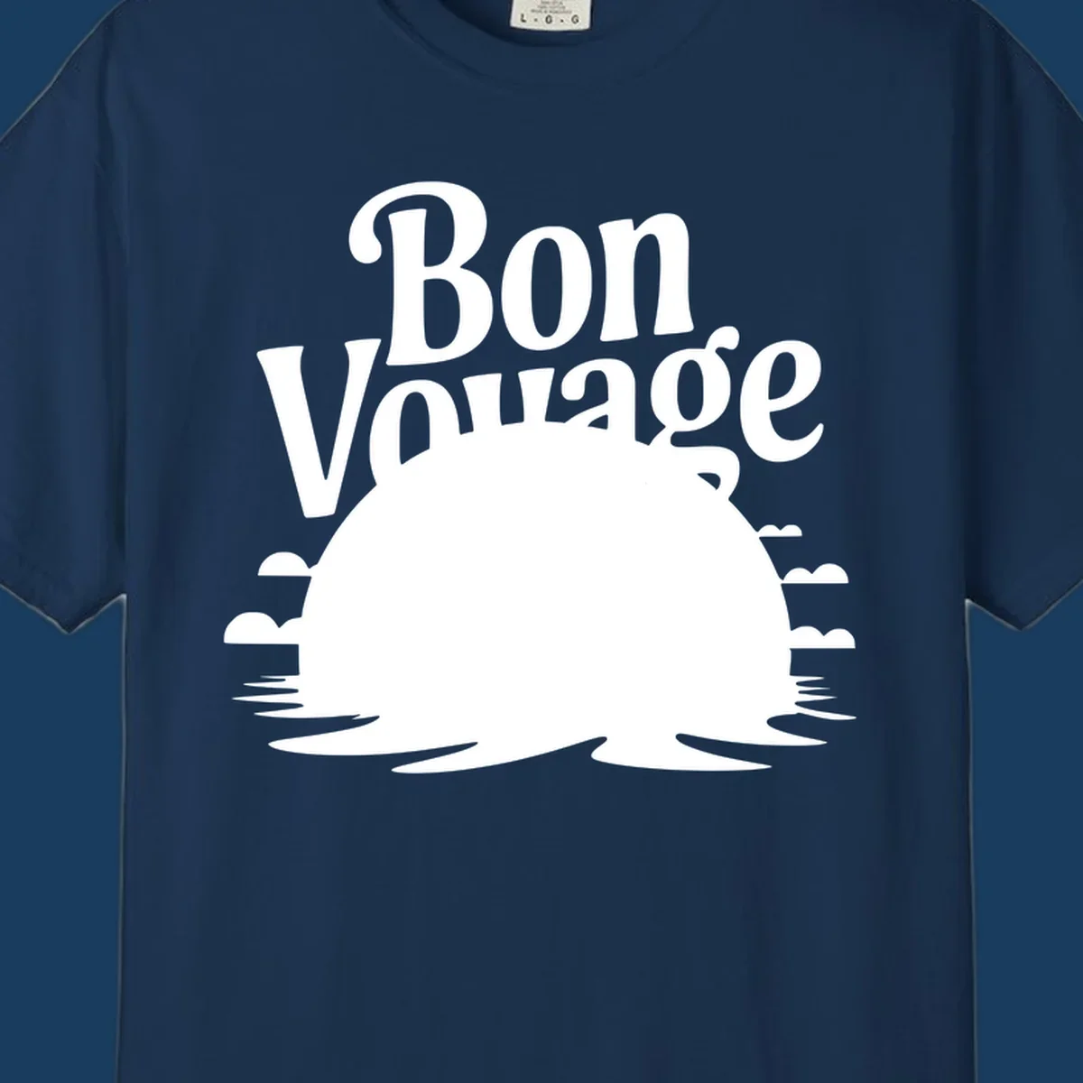Bon Voyage cruise ship sailing into a sunset illustration.