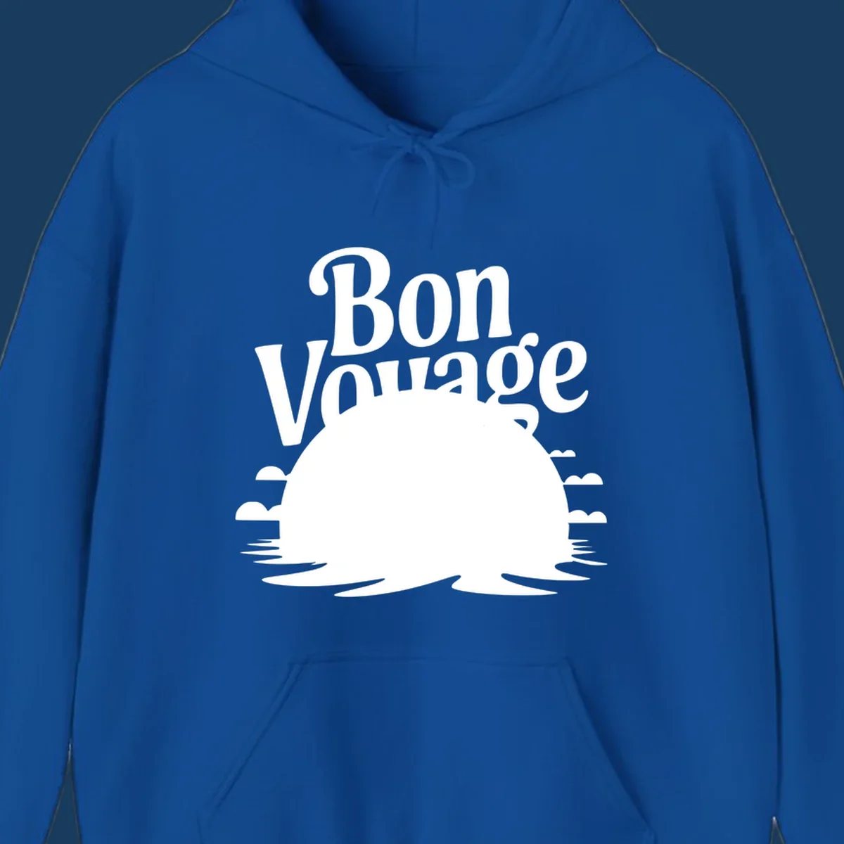 Bon Voyage cruise ship sailing into a sunset illustration.
