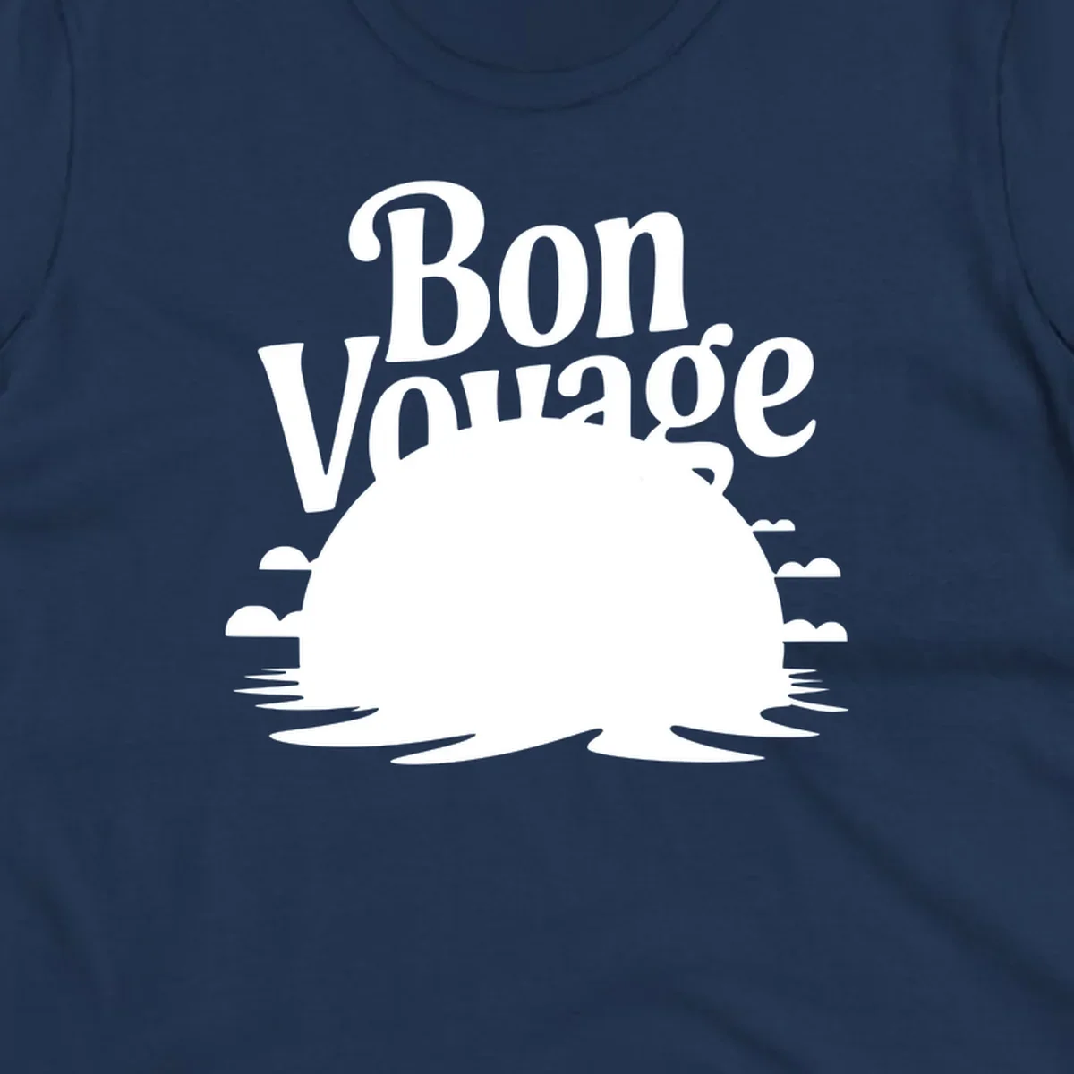 Bon Voyage cruise ship sailing into a sunset illustration.