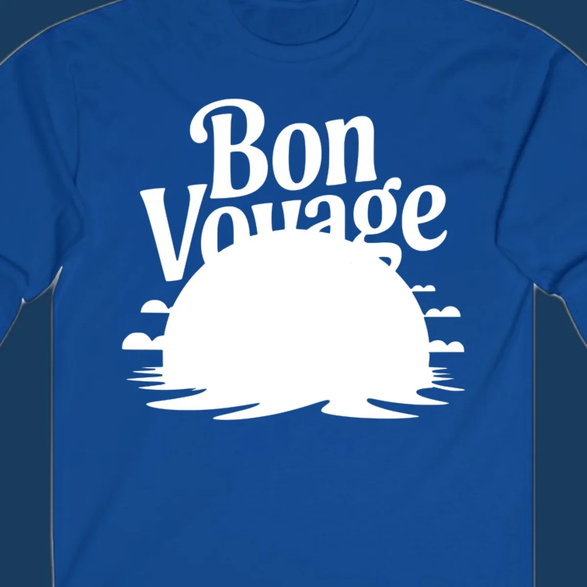 Bon Voyage cruise ship sailing into a sunset illustration.