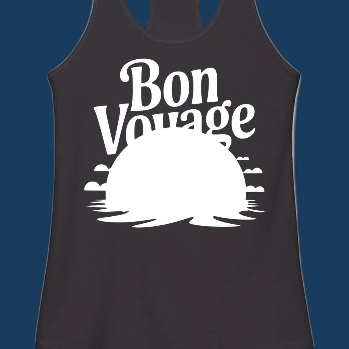 Bon Voyage cruise ship sailing into a sunset illustration.
