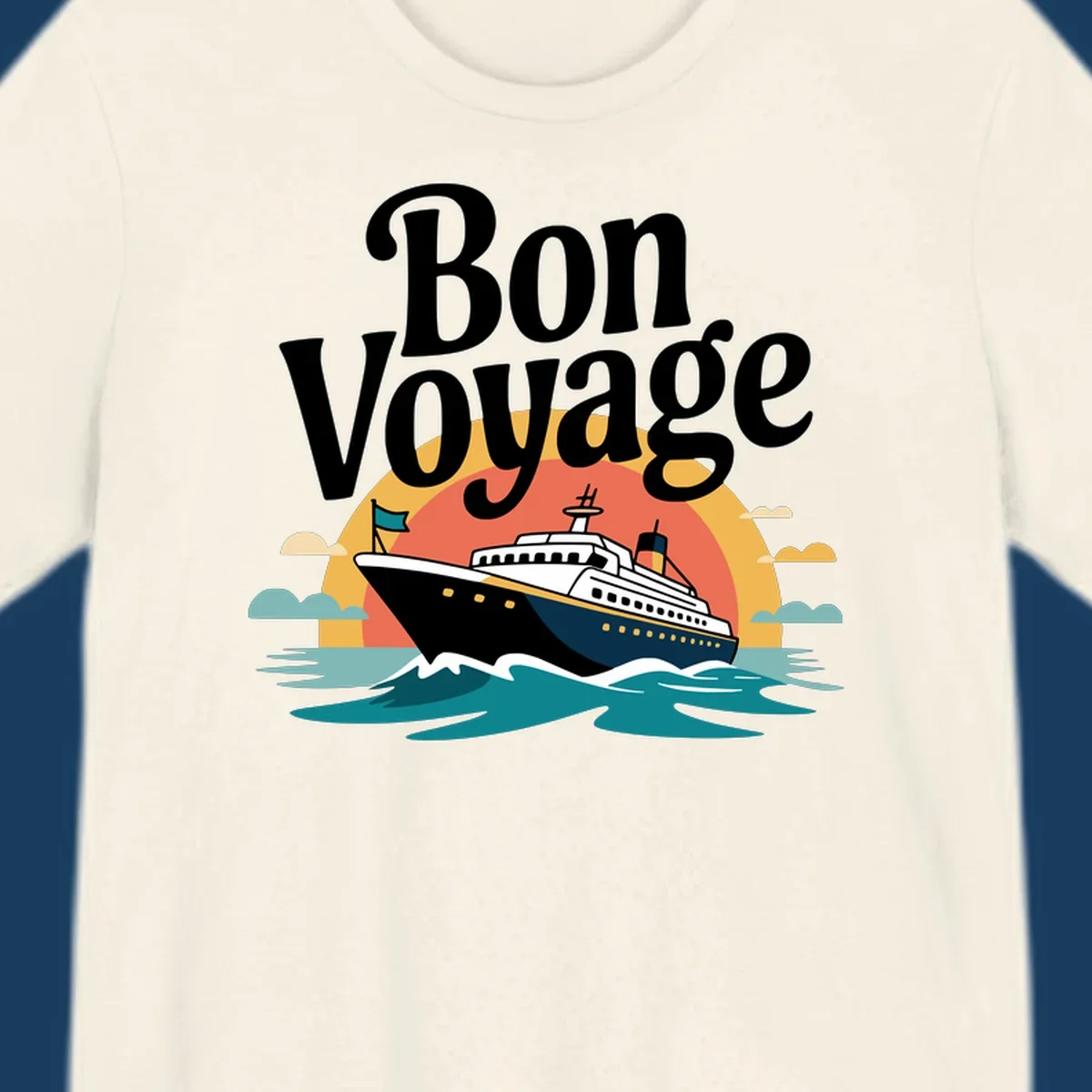 Bon Voyage cruise ship sailing into a sunset illustration.