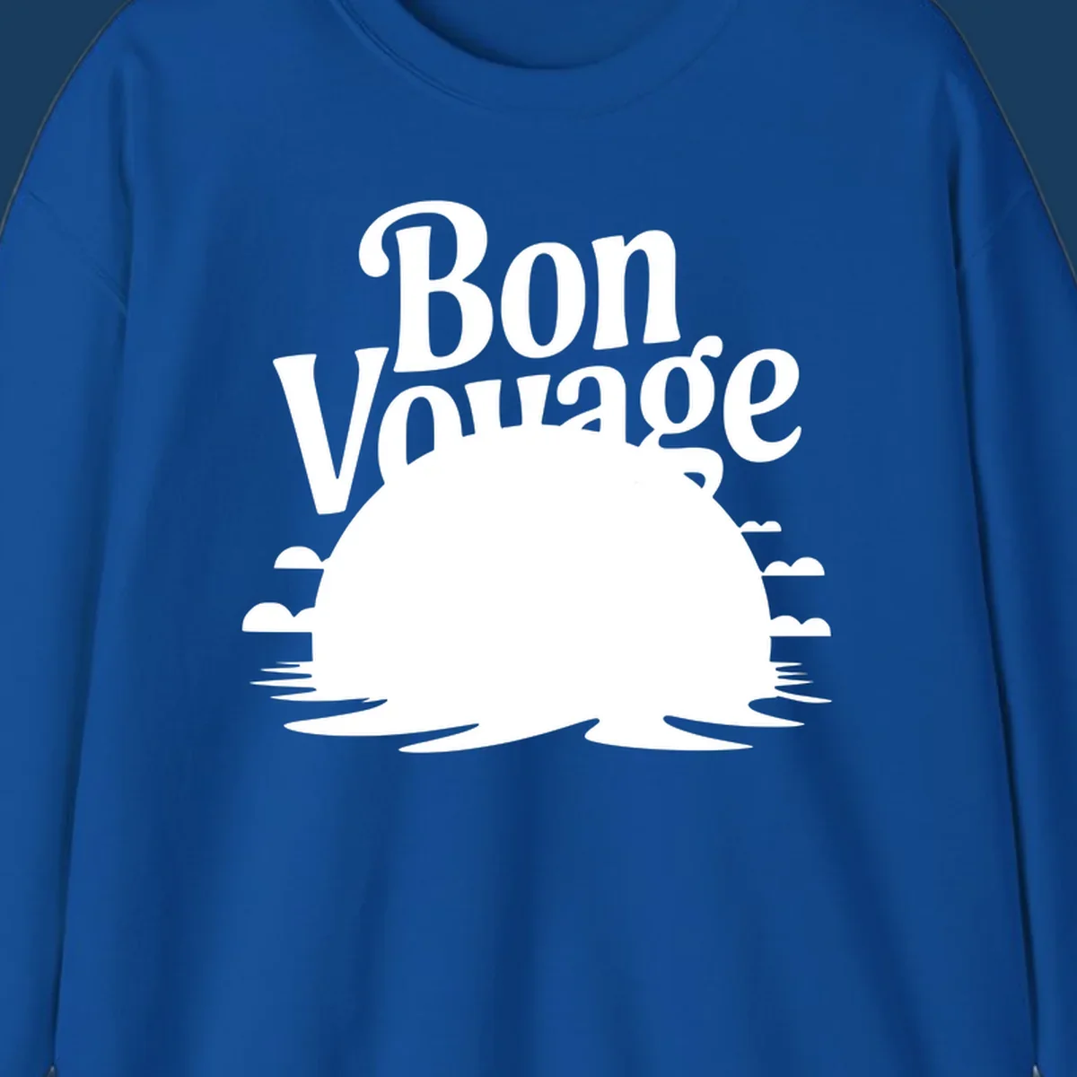 Bon Voyage cruise ship sailing into a sunset illustration.