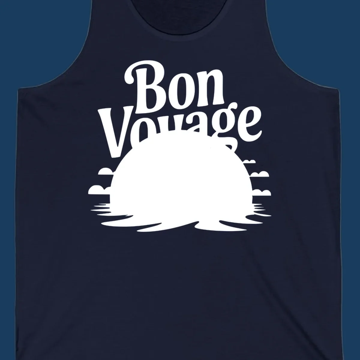 Bon Voyage cruise ship sailing into a sunset illustration.