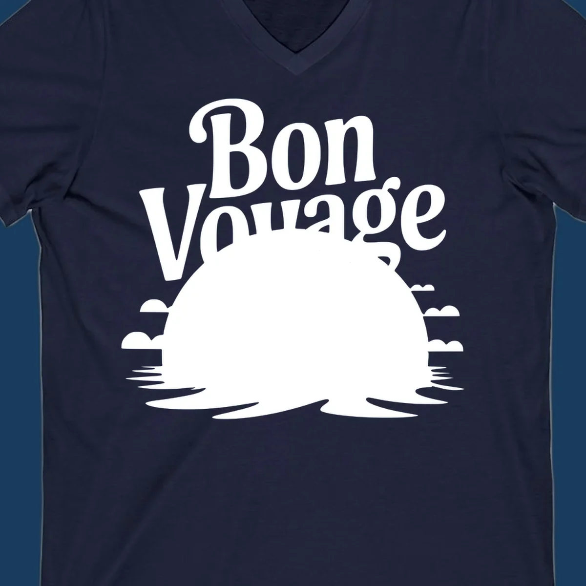 Bon Voyage cruise ship sailing into a sunset illustration.