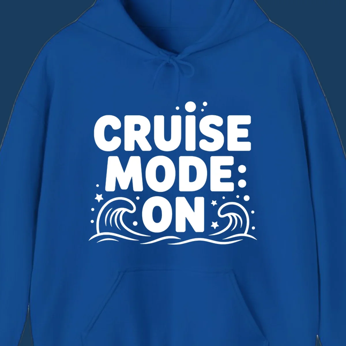 Cruise Mode On text with ocean waves and stars graphic