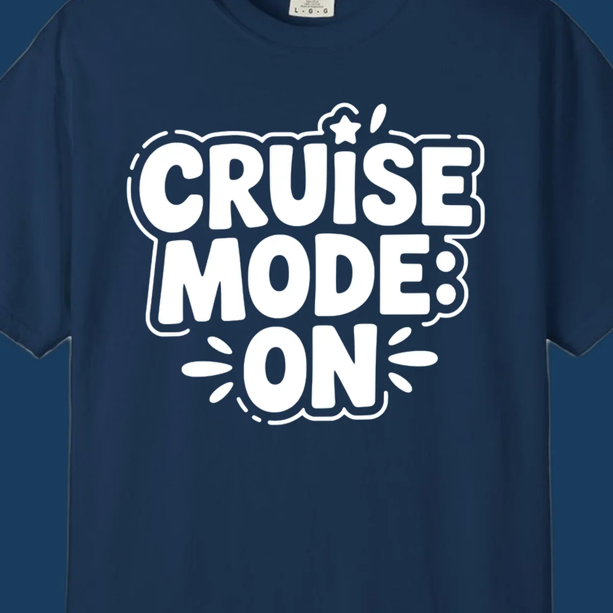Cruise mode on text with star and splatter graphics.
