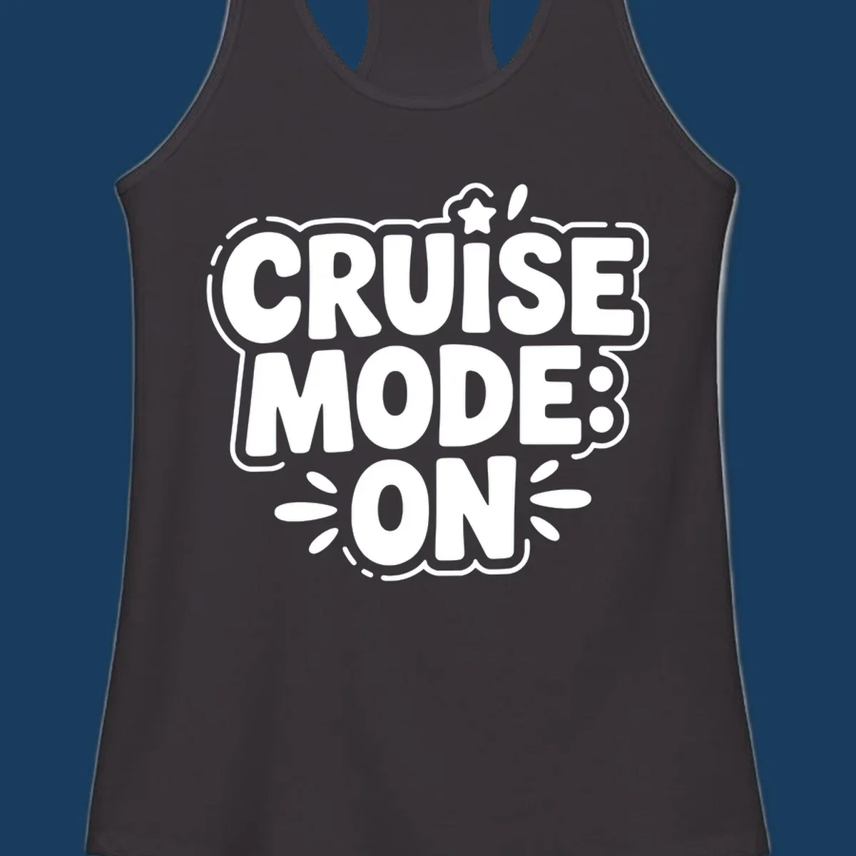 Cruise mode on text with star and splatter graphics.
