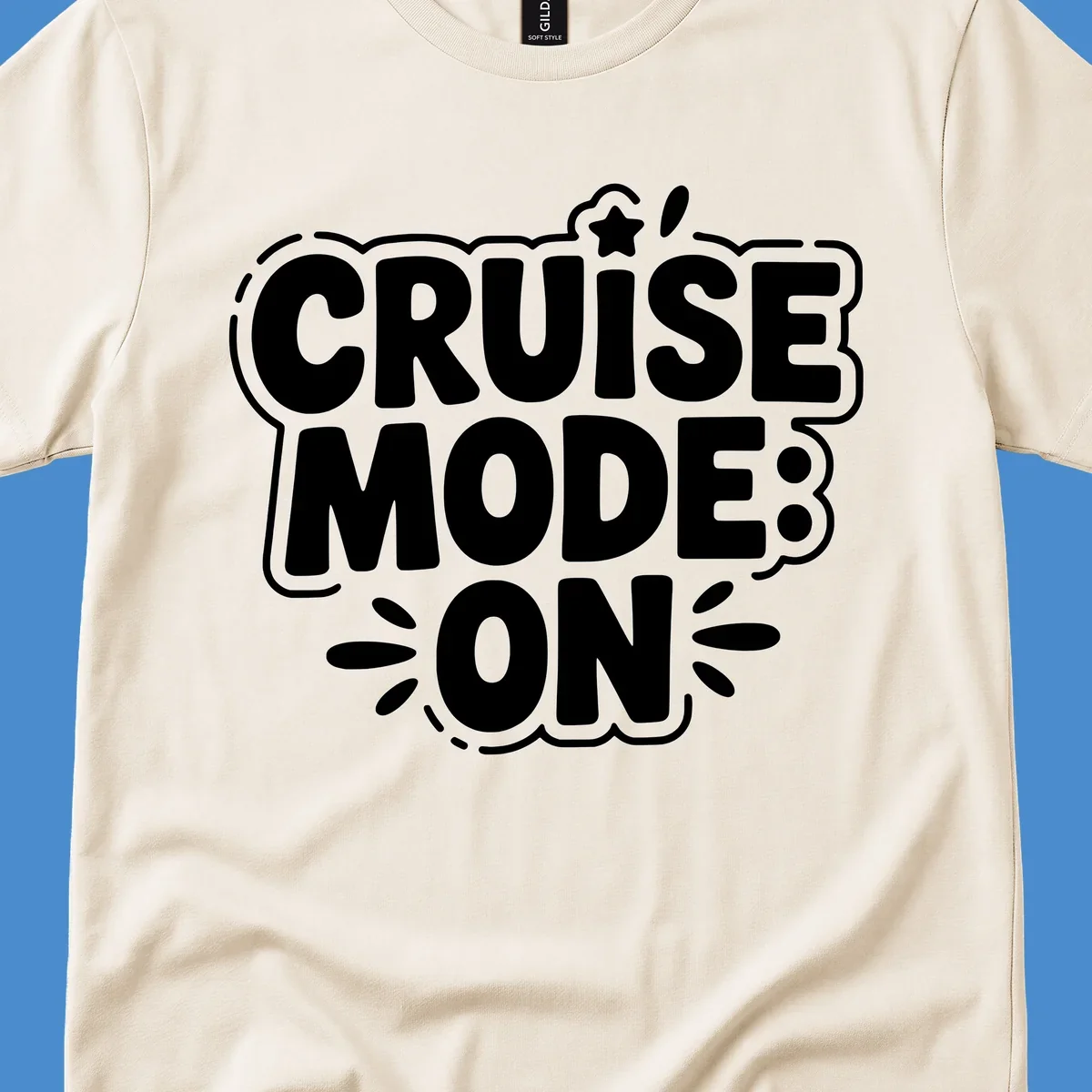 Cruise mode on text with star and splatter graphics.