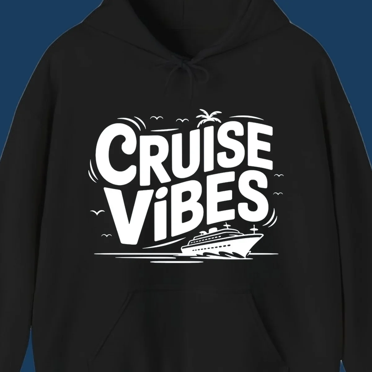 Cruise vibes tropical vacation design with text, cruise ship, palm tree, and birds.