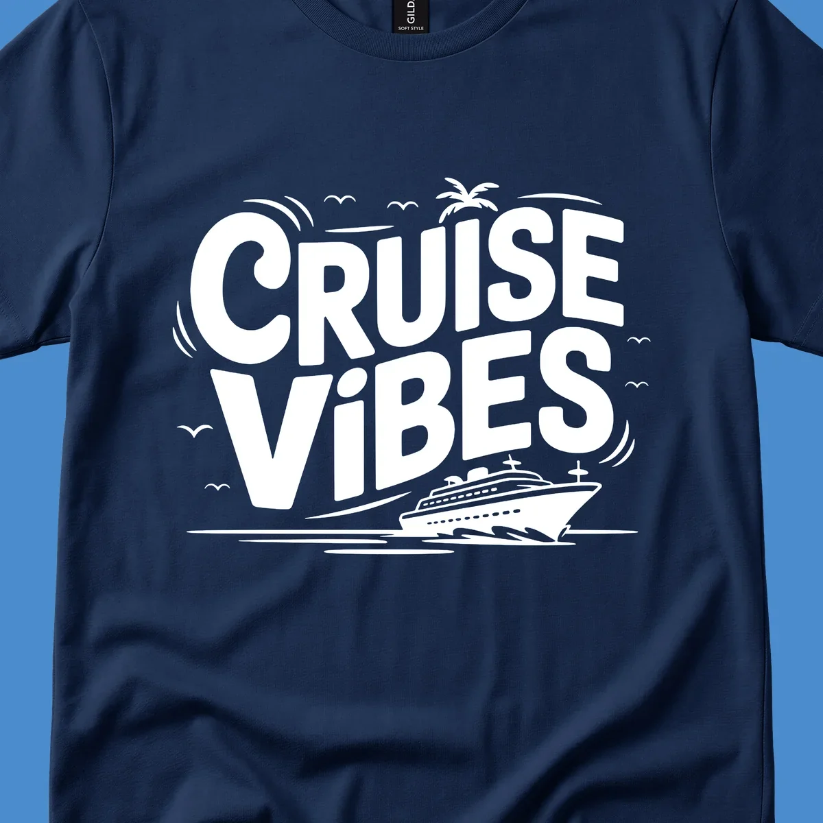 Cruise vibes tropical vacation design with text, cruise ship, palm tree, and birds.