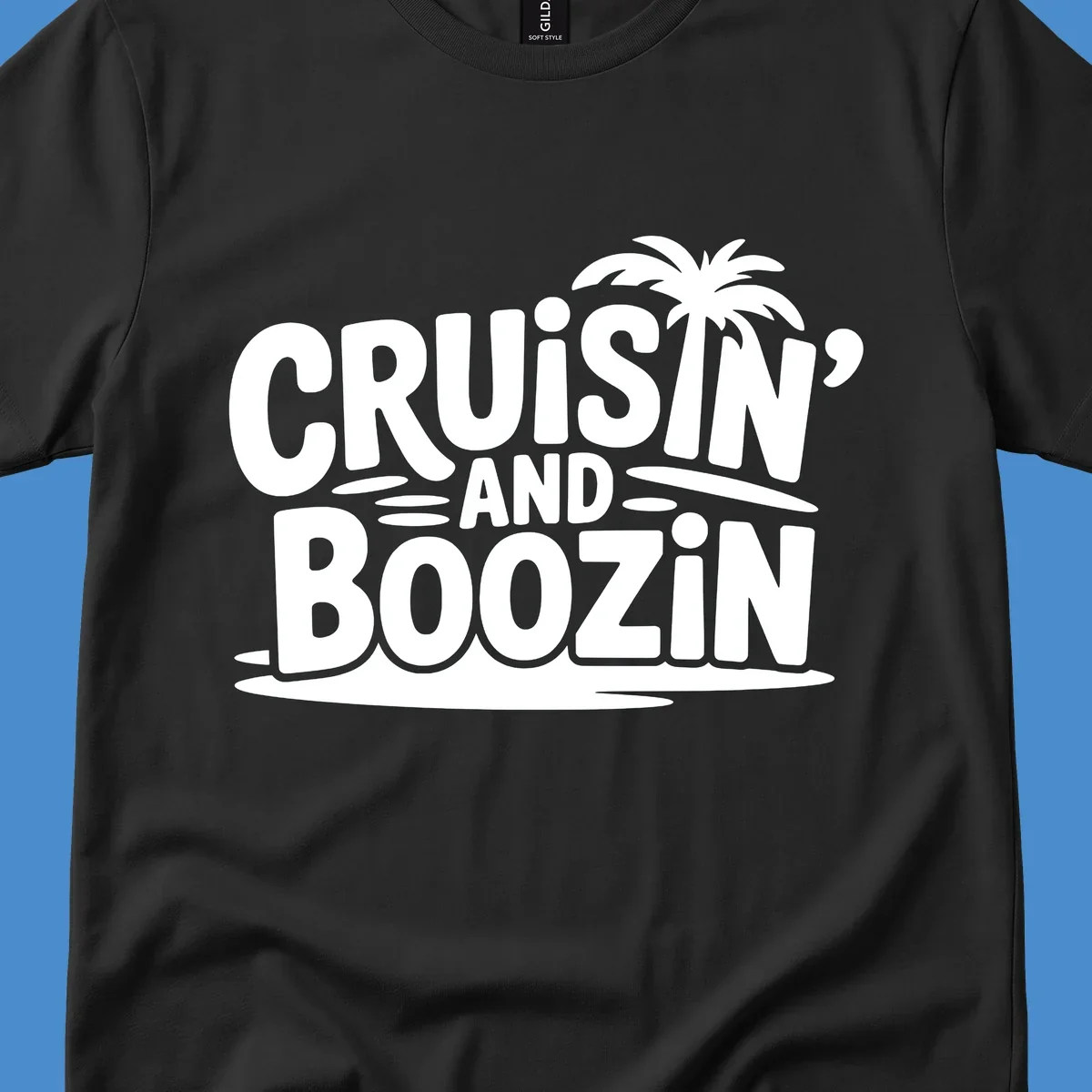Cruisin' and Boozin' text with a palm tree silhouette, perfect for cruise apparel.