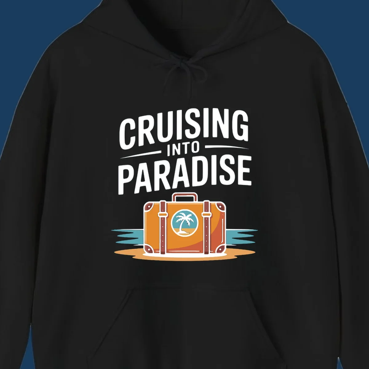 Cruising into paradise text with a suitcase and tropical island graphic for cruise vacation shirts.