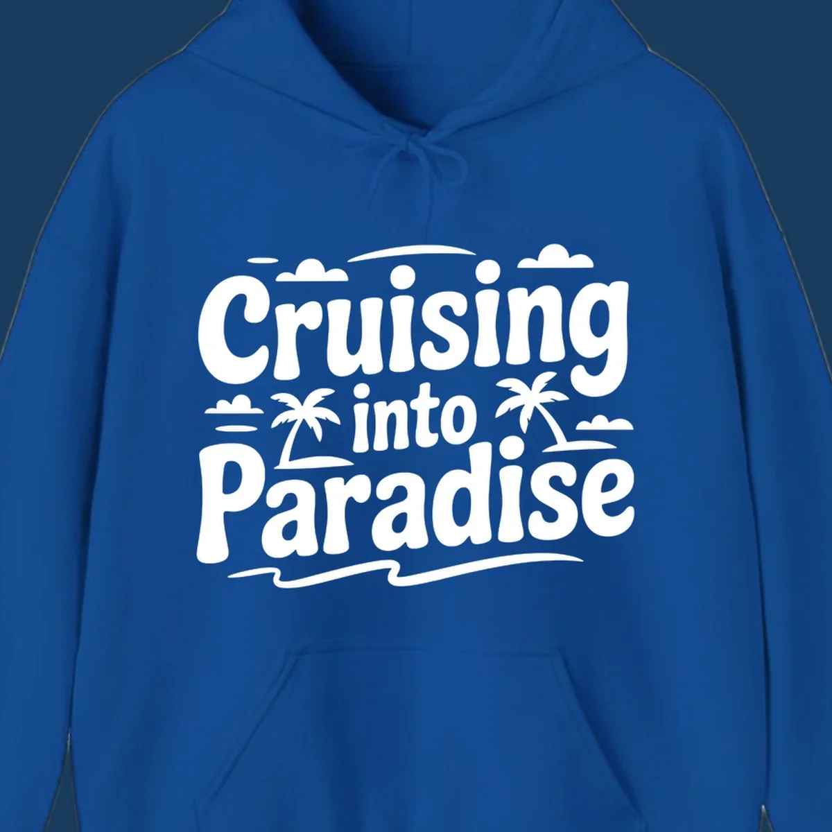 Cruising into paradise text with palm trees, clouds, and waves