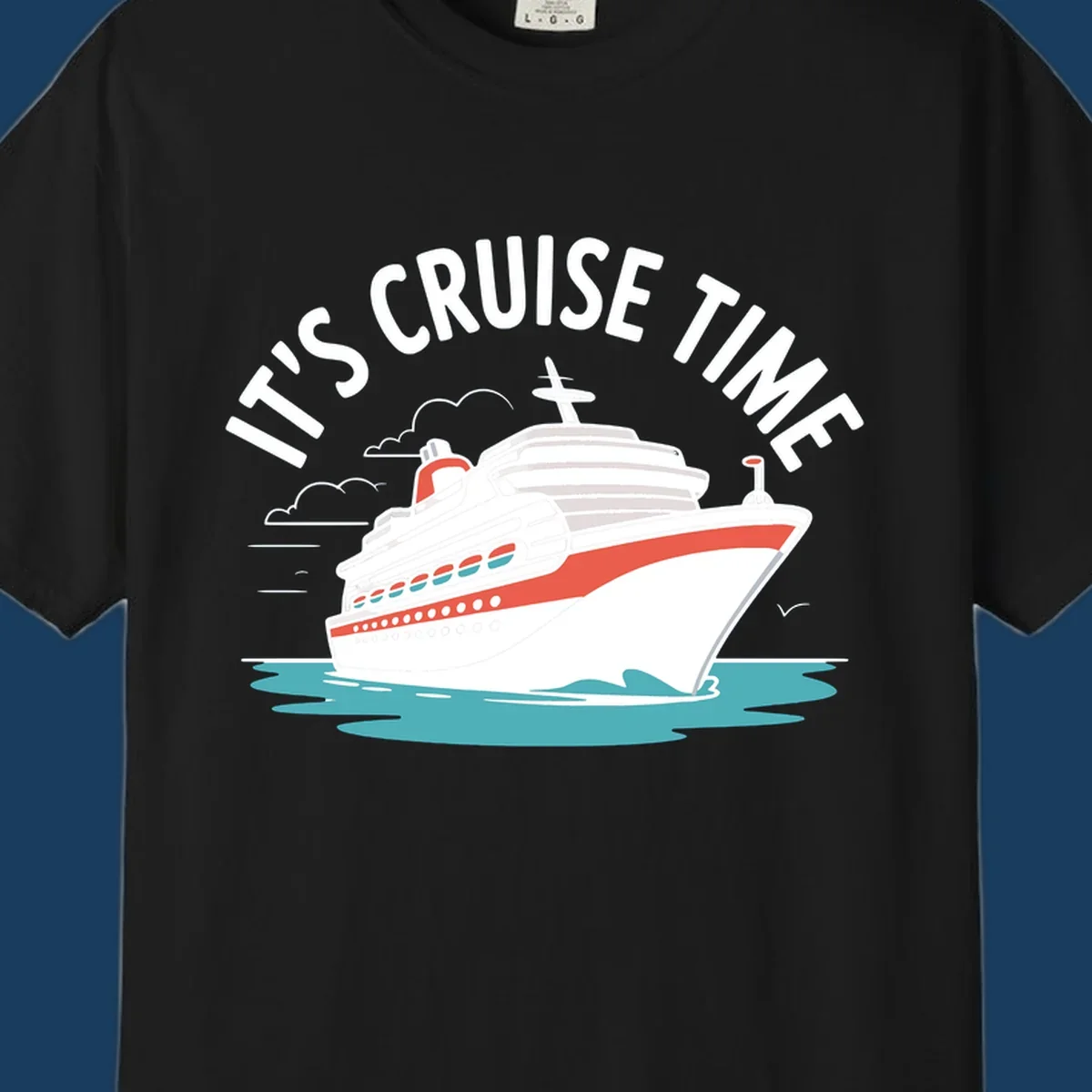 Illustration of a cruise ship sailing on waves with text 'IT'S CRUISE TIME' above it.