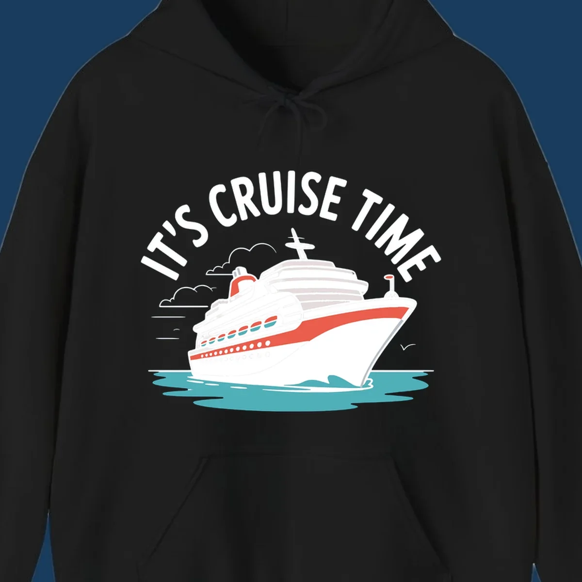 Illustration of a cruise ship sailing on waves with text 'IT'S CRUISE TIME' above it.