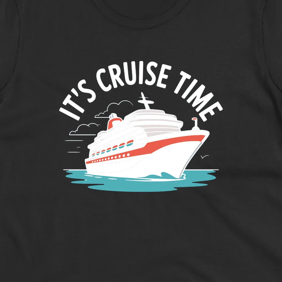 Illustration of a cruise ship sailing on waves with text 'IT'S CRUISE TIME' above it.
