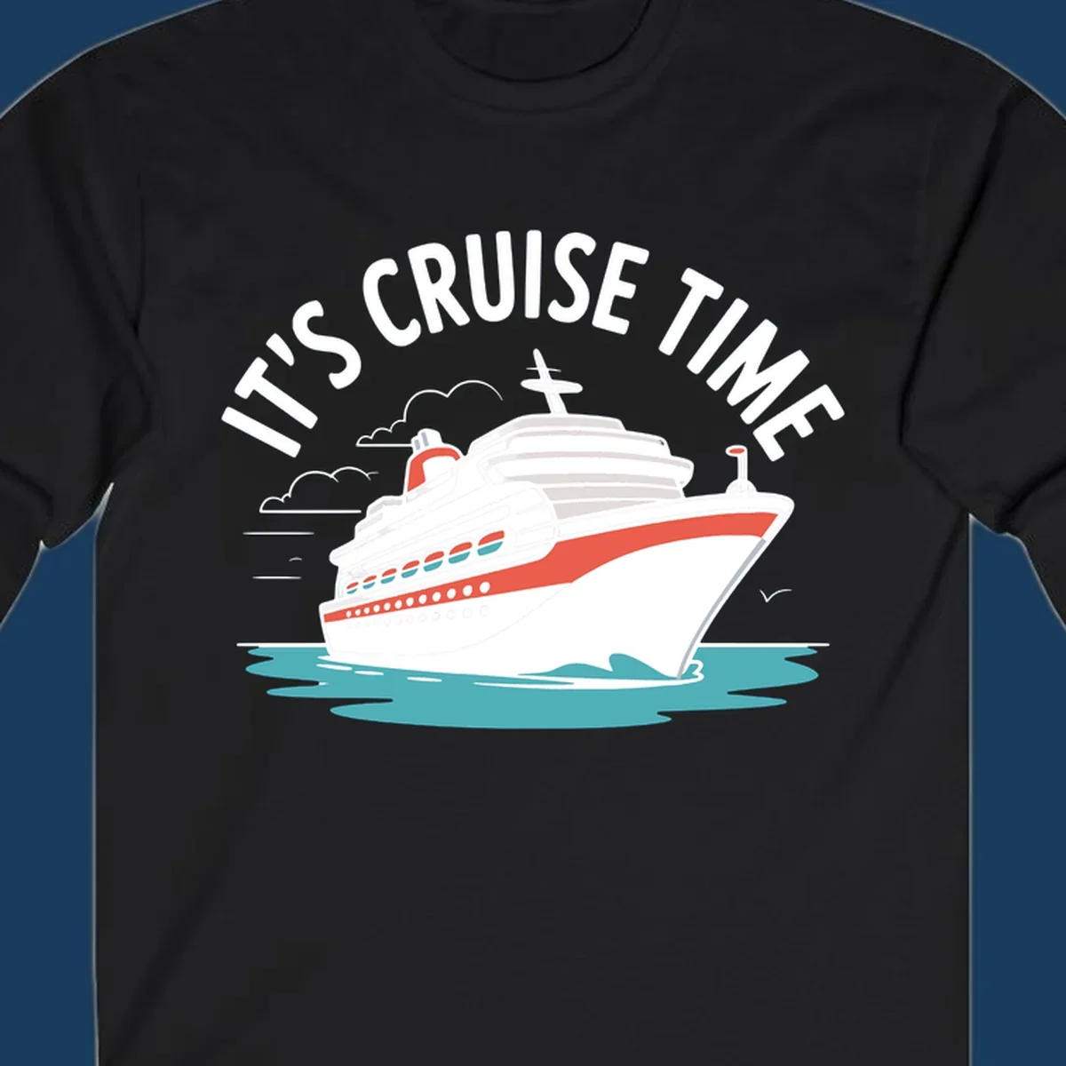 Illustration of a cruise ship sailing on waves with text 'IT'S CRUISE TIME' above it.