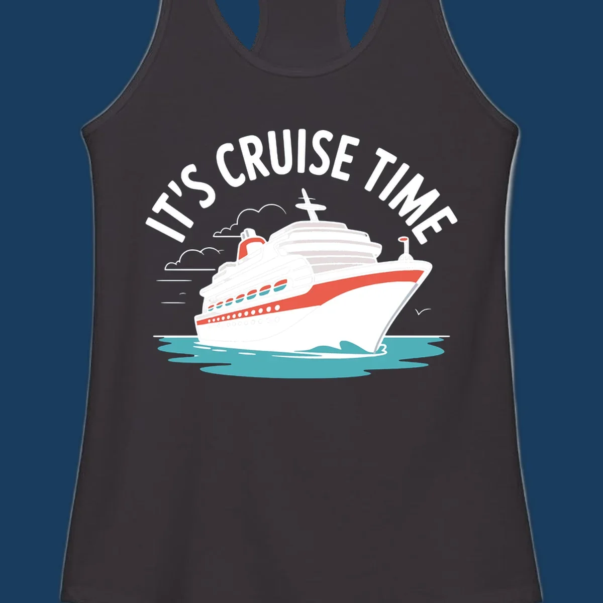 Illustration of a cruise ship sailing on waves with text 'IT'S CRUISE TIME' above it.