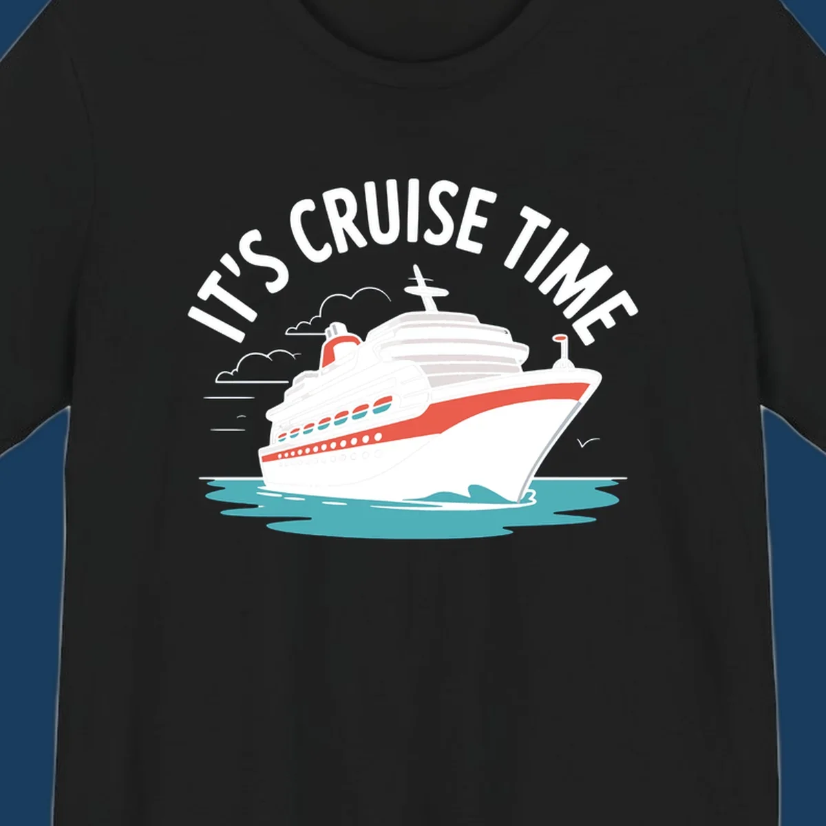 Illustration of a cruise ship sailing on waves with text 'IT'S CRUISE TIME' above it.