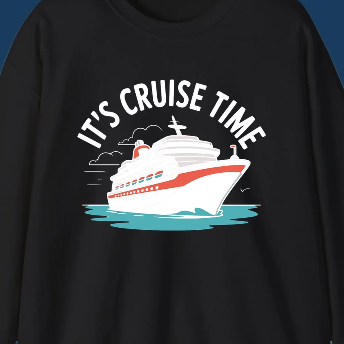 Illustration of a cruise ship sailing on waves with text 'IT'S CRUISE TIME' above it.