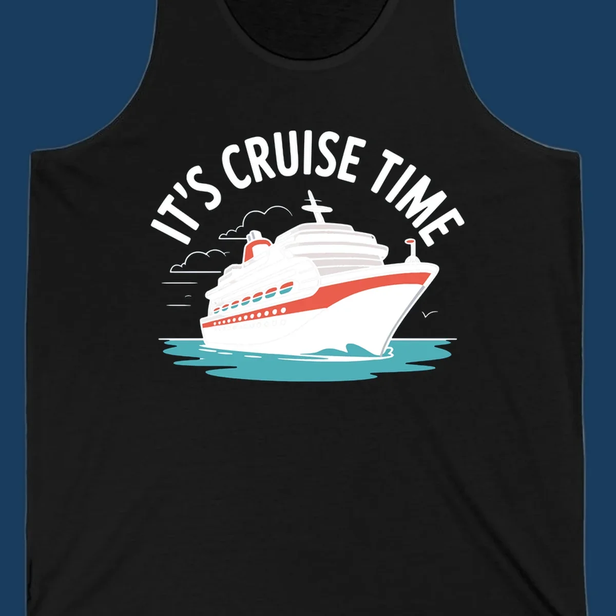 Illustration of a cruise ship sailing on waves with text 'IT'S CRUISE TIME' above it.