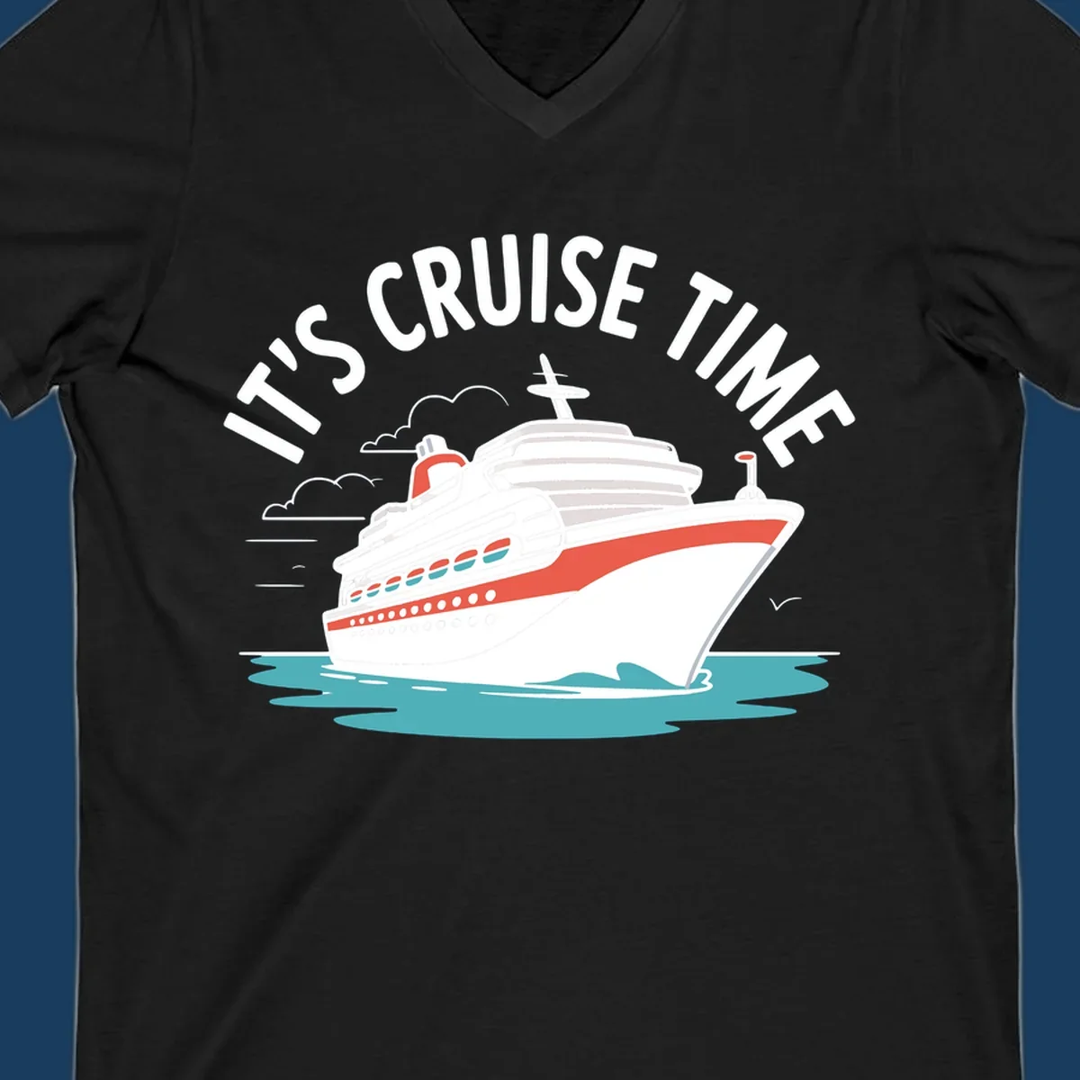 Illustration of a cruise ship sailing on waves with text 'IT'S CRUISE TIME' above it.