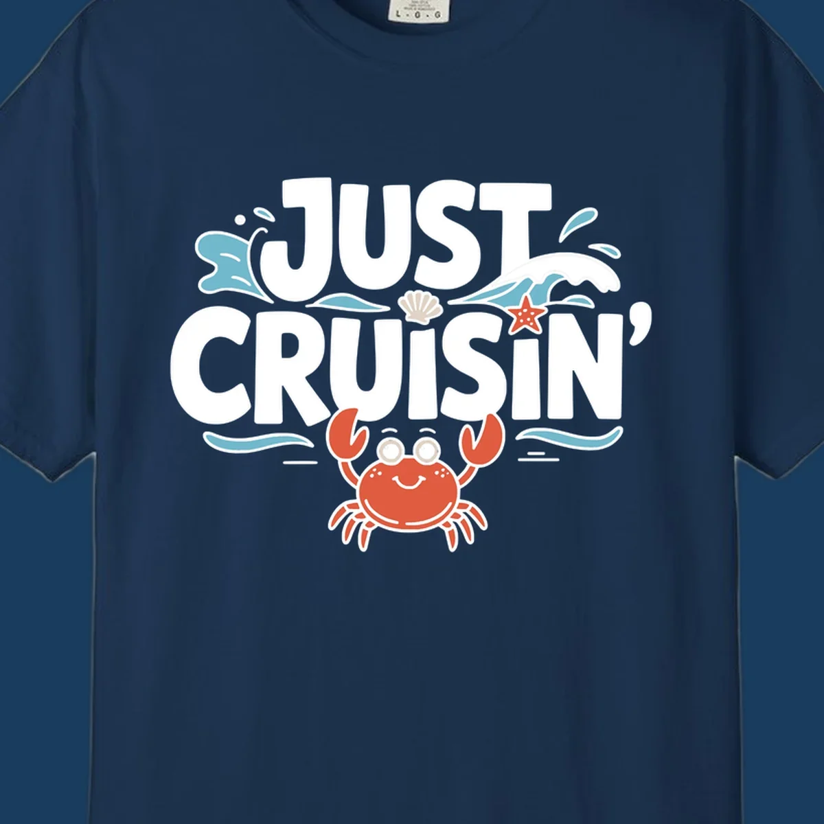 Just Cruisin crab design with waves, seashell, and starfish. Funny cruise vacation theme.