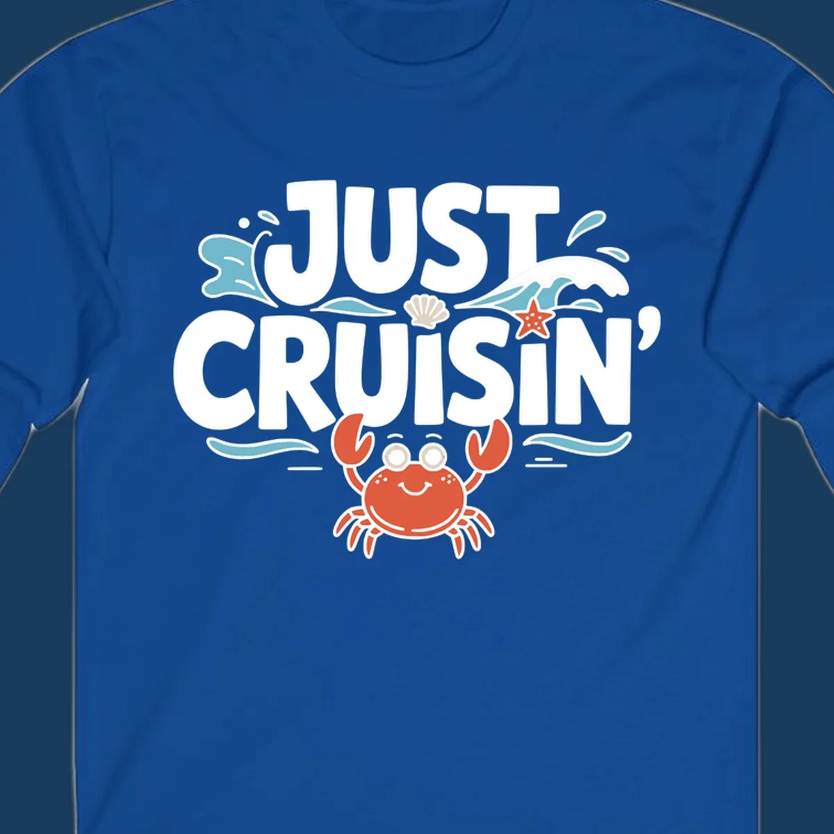 Just Cruisin crab design with waves, seashell, and starfish. Funny cruise vacation theme.