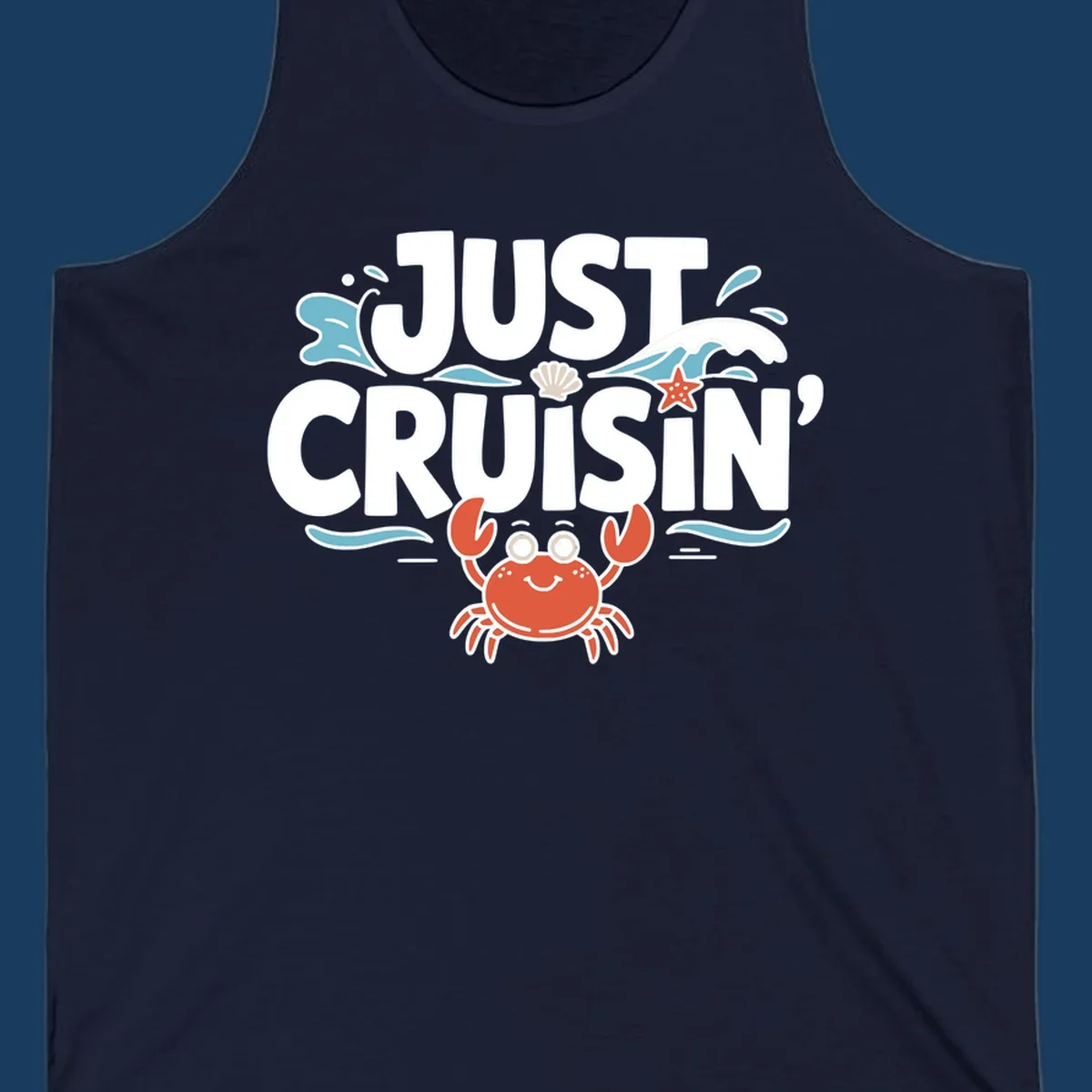 Just Cruisin crab design with waves, seashell, and starfish. Funny cruise vacation theme.