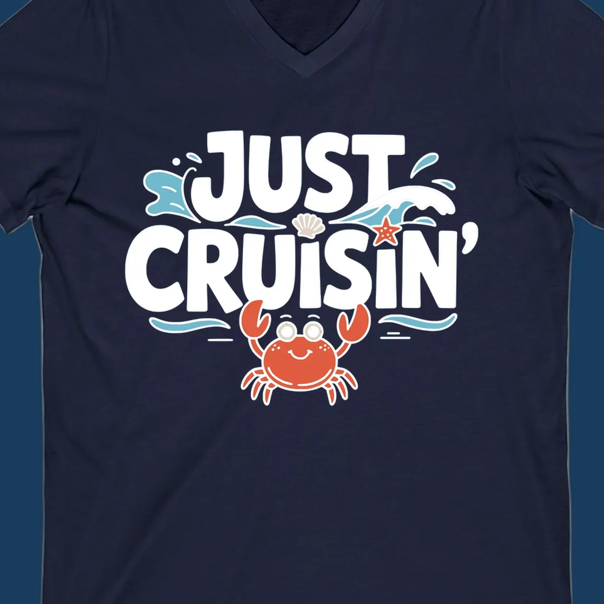 Just Cruisin crab design with waves, seashell, and starfish. Funny cruise vacation theme.