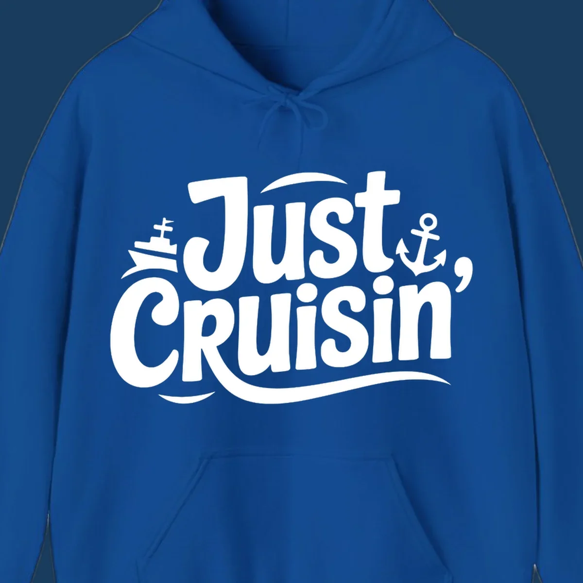 Just Cruisin' text with ship and anchor illustrations for a cruise vacation shirt.