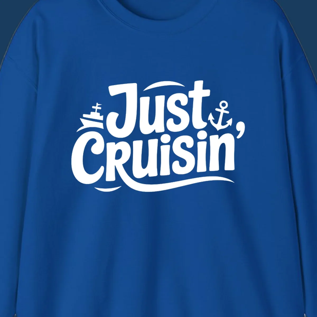 Just Cruisin' text with ship and anchor illustrations for a cruise vacation shirt.