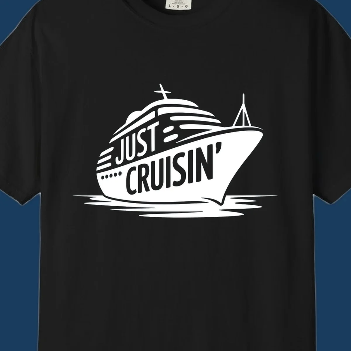 White cruise ship with 'JUST CRUISIN'' text on a black background, representing the just-cruisin-ship concept.